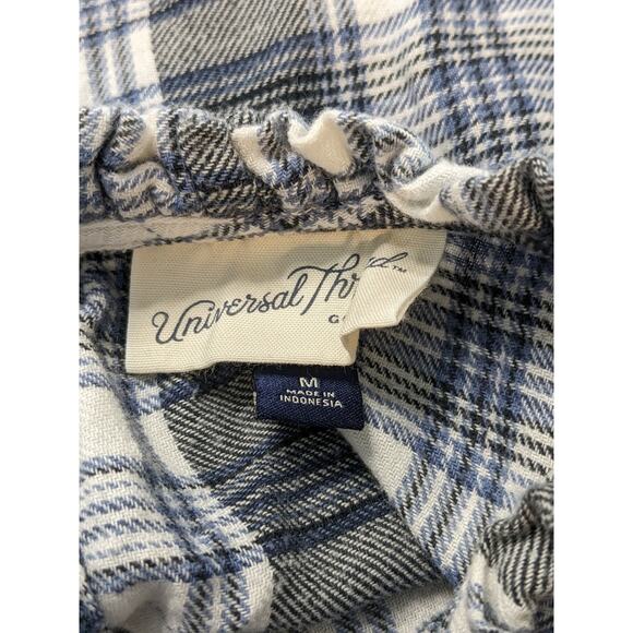 Universal Thread Plaid Flannel Shirt Medium Blue Gray Ruffle Neck Long Sleeves - Picture 4 of 9